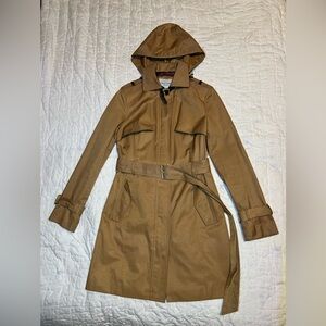 Cole Haan Beige Belted Trench Coat Women XS Long removable hood buckle tan camel